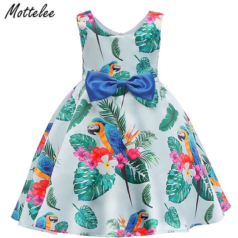 Mottelee Summer Girls Print Dress Green Leaf Kids Party Dresses Flower