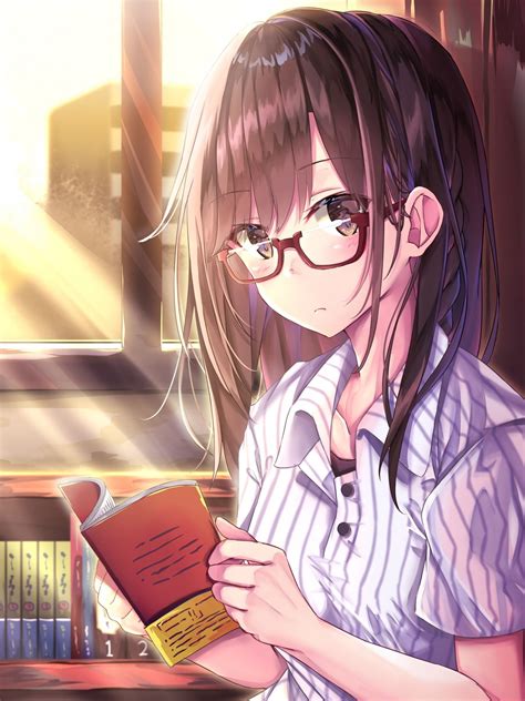 Download 1536x2048 Anime Girl Meganekko Brown Hair Reading Moe Cute Sunlight Wallpapers