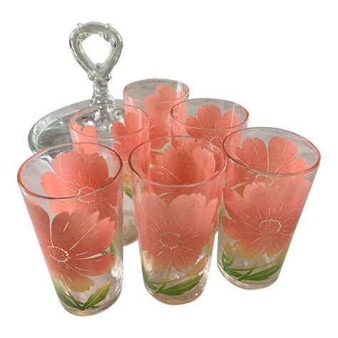 Vintage Mid Century Federal Glass Pink Flower Drinking Glasses And Carrier Set Of 7 Mexican