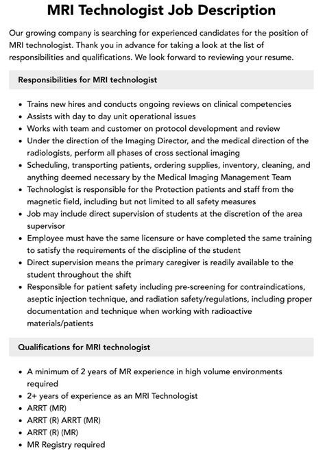 Mri Technologist Job Description Velvet Jobs