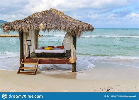 Thatch Roof Hut Massage Bed On Tropical Island White Sand Beach In 2021