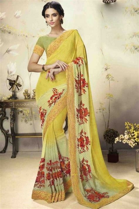 Stylish Yellow Georgette Saree With Georgette Blouse Dmv10699 In 2020