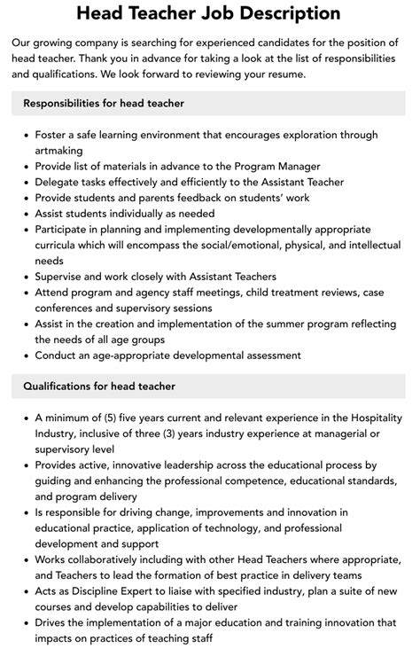Head Teacher Job Description Velvet Jobs