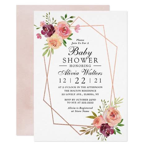 Pink Baby Shower Geometric Rose Gold Floral Invitation Zazzle