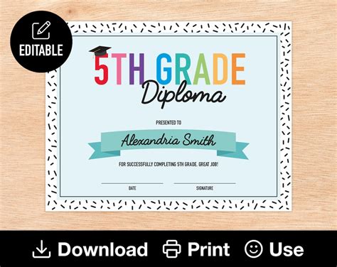 Editable 5th Grade Diploma Printable Certificate For Class Etsy Uk