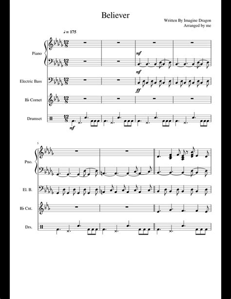 Believer ~ Imagine Dragons Sheet Music For Piano Bass Trumpet