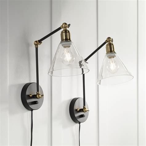 360 Lighting Wray Black And Brass Glass Shade Plug In Wall Lamp Set Of