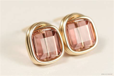 Gold Dusty Pink Swarovski Crystal Stud Earrings K Yellow Etsy
