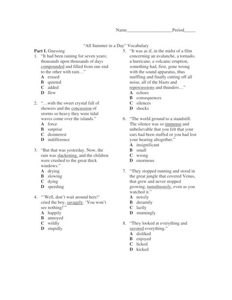 All summer in a day worksheet