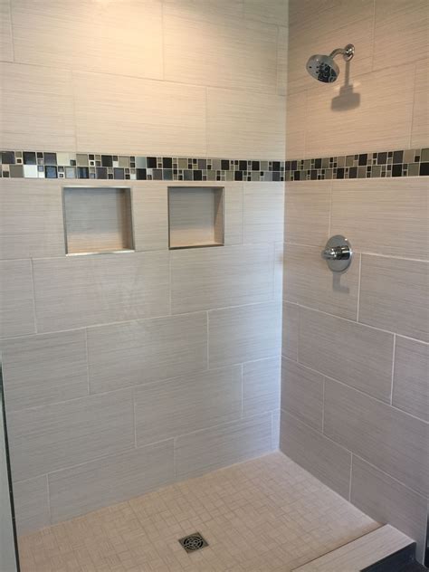 Custom Tiled Shower With 12x24 Satiated Tile Run 13 Staggered