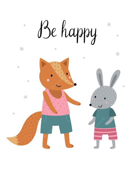 Premium Vector Funny Cartoon Fox And Hare In Clothes