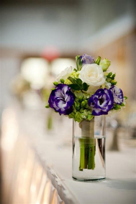 Bold wildflower centerpiece with a chalkboard table. Teeny tiny flower arrangement | Purple and silver wedding ...