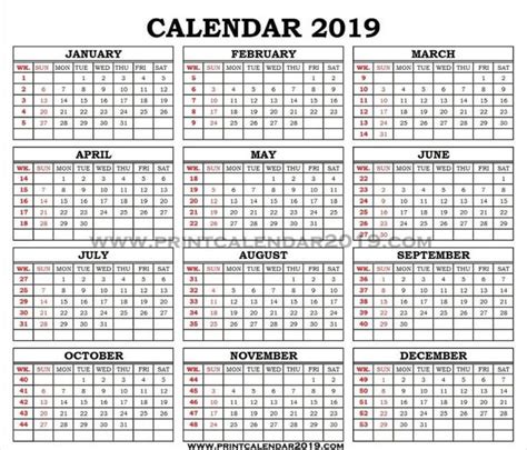 2019 Yearly Calendar With Week Numbers Calendar With Week Numbers