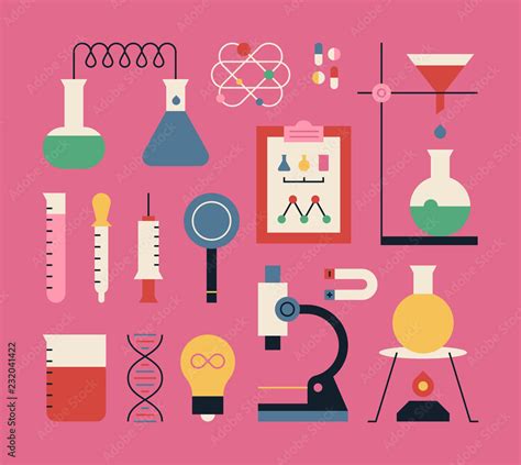 Set Of Colorful Science Experiment Tools Icons Flat Design Style