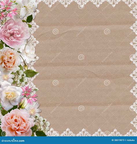 Border Of Roses And Lace On A Cardboard Background Stock Illustration