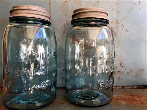 Two Vintage Atlas Aqua Quart Sized Mason Canning Jars With Zinc Lids