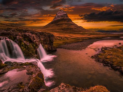 Wallpaper Kirkjufell Iceland Waterfall Mountain Clouds Sunset