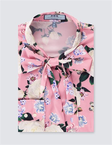 Women S Pink Cream Floral Fitted Satin Blouse Single Cuff Pussy