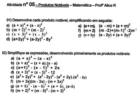 Exercícios Produtos Notáveis Pdf