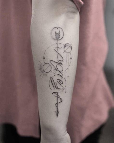 Fine Line Style Faith Arrow Tattoo On The Left Forearm Baby Tattoos