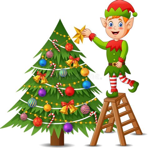 Elf Decorating Christmas Tree Stock Vector Illustration Of Hanging