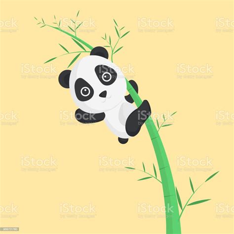 Cute Funny Baby Panda Hanging On A Bamboo Tree Stock Illustration