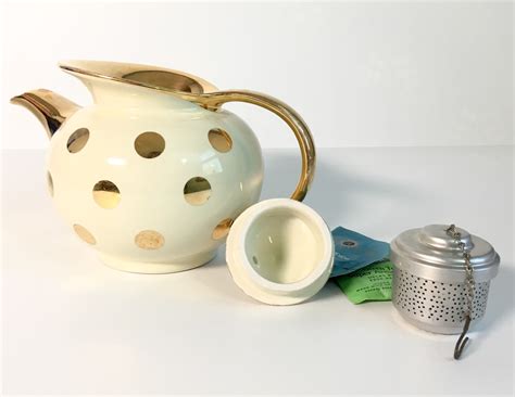 Vintage Gold Label Hall Teapot Ivory W Gold Dots Windshield Shape