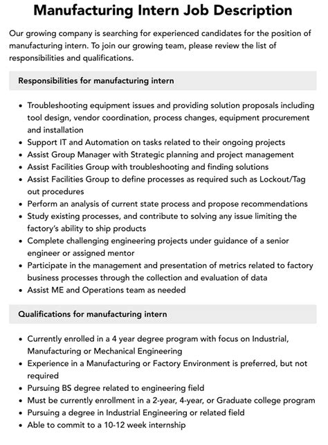 Manufacturing Intern Job Description Velvet Jobs