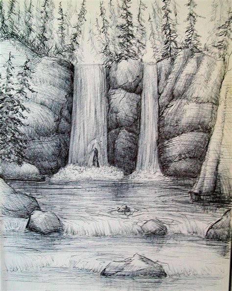 Forest Drawing Waterfall By Georges St Pierre Waterfall Drawing