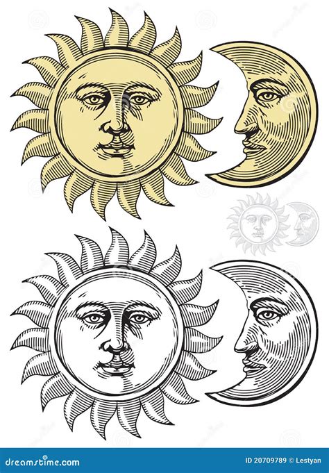 Vector Illustration Of Moon And Sun Stock Vector Illustration Of Etch
