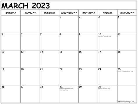 March 2023 With Holidays Calendar