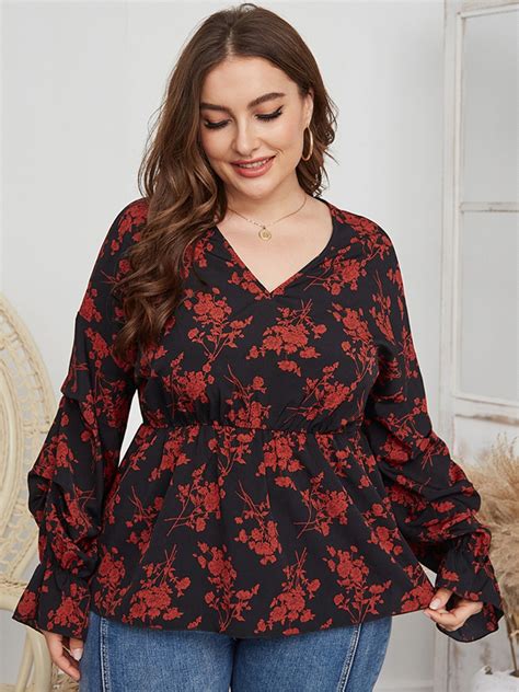 plus size v neck floral print ruffled blouse