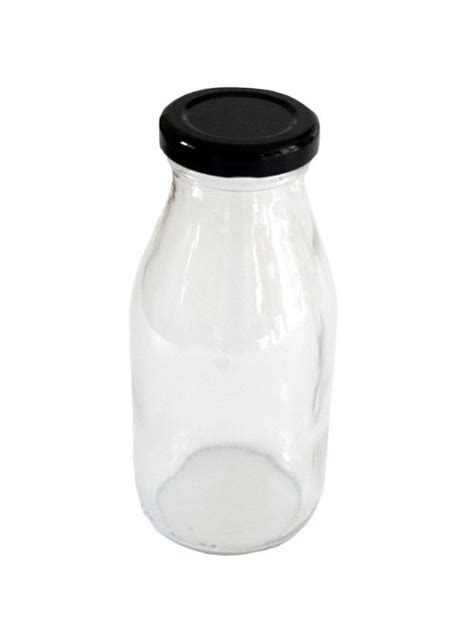 Glass Milk Bottle 250ml X16 Black Lids Drinks Bottles Glass