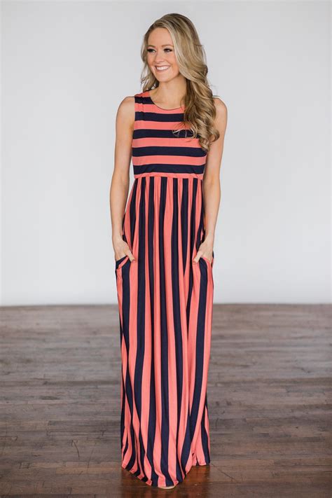Beach Daze Striped Maxi Dress ~ Navy And Coral The Pulse Boutique
