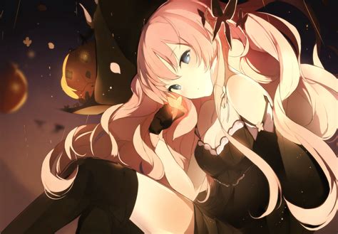 Wallpaper Anime Girl Halloween 2016 Pink Hair Black Dress Pumpkins Wallpapermaiden