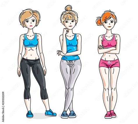 Happy Cute Young Women Standing Wearing Stylish Sport Clothes Vector