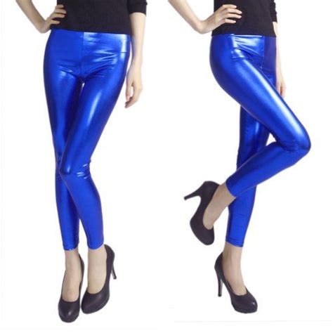 Hde Footless Liquid Metallic Leggings Shiny Wet Look Stretch Club Tights Party Pants Dark Blue