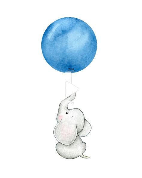 Cute Baby Elephant Navy Blue Balloone Watercolor Elephant Cute