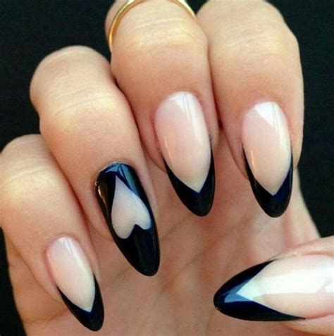 Black Tipped French Manicure On Almond Nails With Images Heart