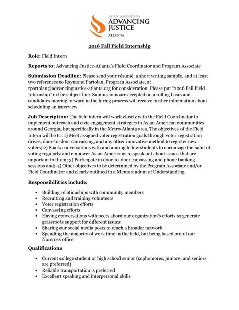 2016 Fall Field Internship Job Description 1 Inta