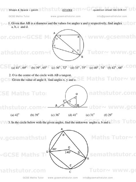 Circles Worksheet, geometry revision from GCSE Maths Tutor