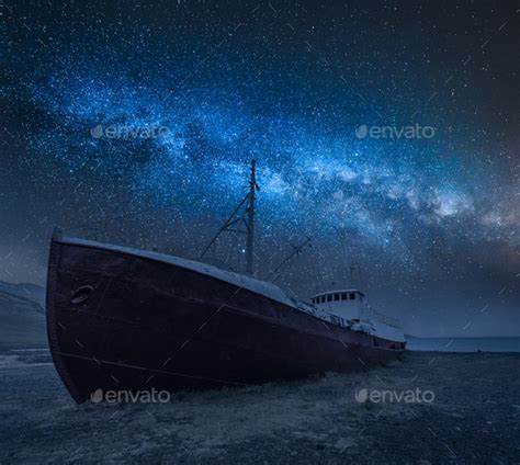 Shipwreck On The Shore And Milky Way In Iceland Stock Photo By Shaiith