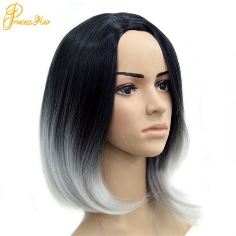 Synthetic Ladies Short Ombre Gray Wigs Two Tone Bob Black Light Grey