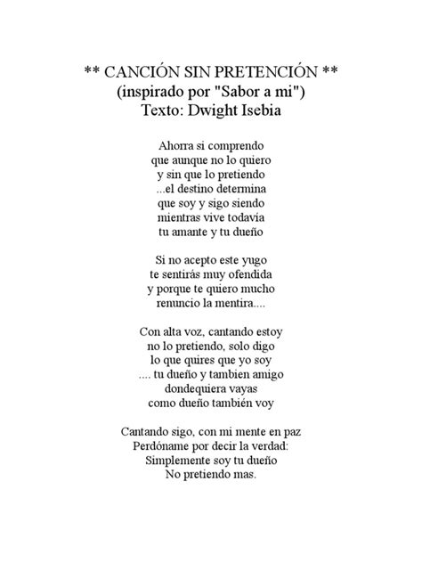 Spanish Lyrics Of The Song Cancion Sin Pretencion By Dwight Isebia