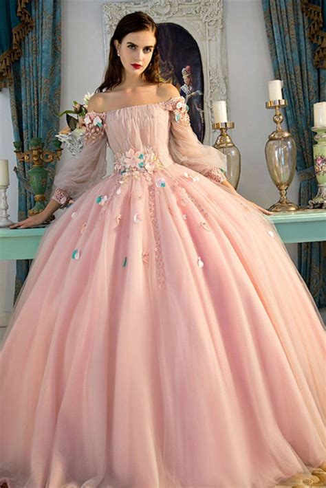 Sexy Ball Gown Long Sleeves Pink 3d Floral Prom Dresses Evening Dress