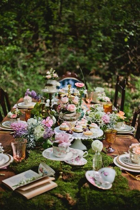 Two alice in wonderland tables would have been arranged in the kitchen and family room. woodland table setting in 2019 | Alice in wonderland tea ...