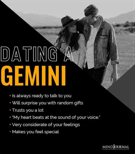 A Man And Woman Standing Next To Each Other With The Text Dating A Gemini