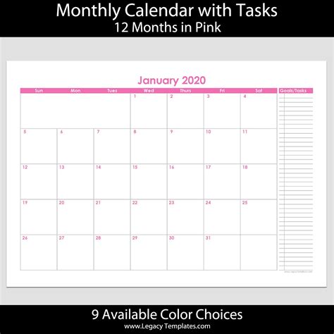 2020 12 Month Landscape Calendar With Tasks A4 Legacy Templates