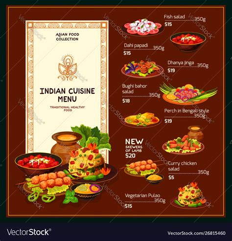 Indian Cuisine Dishes Traditional Meal Menu Vector Image