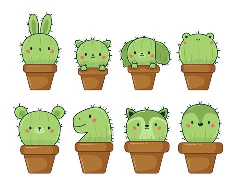 Ilustración Vectorial De Un Lindo Cactus Kawaii En Macetas Plantas De